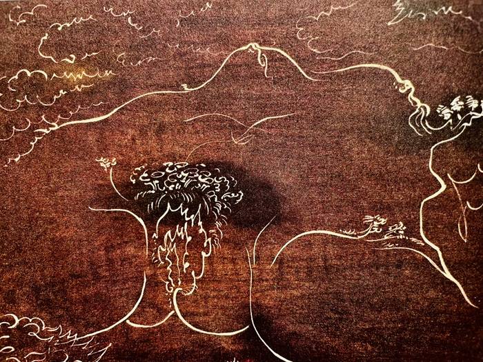 L’immagine riproduce la tavola dipinta da André Masson nel 1955 per Jacques Lacan a copertura dell’Origine del mondo di Gustave Courbet, a cui Masson assegna il titolo “Terre érotique”, un pelo più grande (ovviamente) dell’originale.