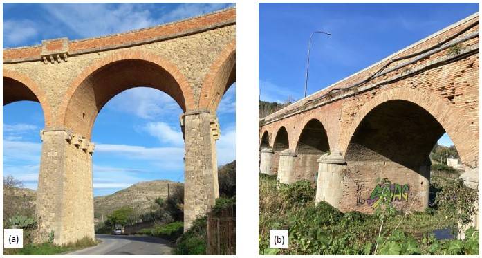 Figura 2 – Esempi di alcune tipologie di pile da ponte in muratura con materiale lapideo (a) e laterizi (b).