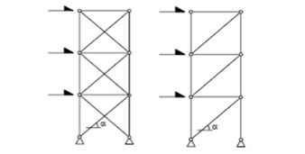 Schemi per la modellazione dei controventi concentrici secondo le normative, con diagonali tese e compresse a sinistra, e con le sole tese attive a destra.