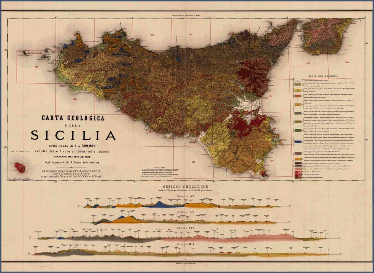 Carta Geologica della Sicilia /Corpo R. delle Miniere – scala 1:500.000 -1883.