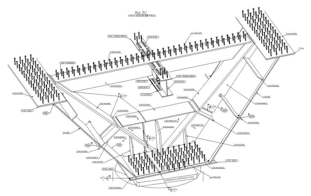 Schema tridimensionale del diaframma di pila del ponte sul Tevere a Sansepolcro, con pioli Nelson, elementi reticolari e dettagli costruttivi del cassone metallico curvo.