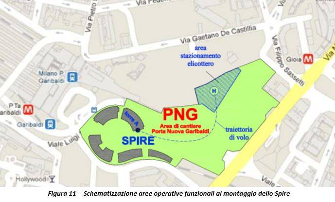 Schematizzazione aree operative funzionali al montaggio dello Spire