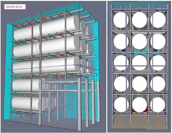 Vista assonometrica e frontale del modello CFD di una porzione con evidenziate le bobine di carta racchiuse nelle scaffalature e l’impianto sprinkler.