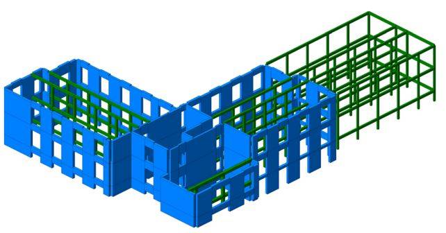 Modello FEM della struttura; in verde gli elementi in c.a., in blu gli elementi in muratura