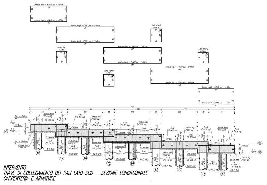 Fig. 4 - Intervento di consolidamento fondale con pali di grande diametro dall’esterno dell’edificio, di cui alla pianta di figura 1. Zone “A”. Carpenteria e armature