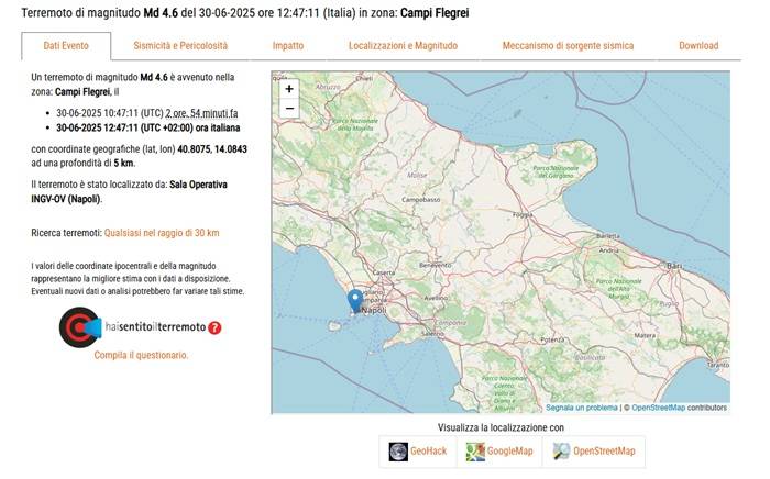L'immagine riporta dati principali e la localizzazione del terremoto che ha colpito i Campi Flegrei il 30 giugno 2025