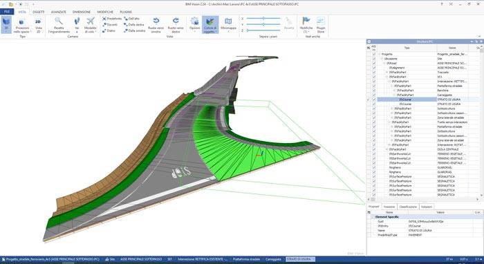 Intersezione a T esportata in IFC 4.3 da SierraSoft Roads e visualizzata in BIM Vision