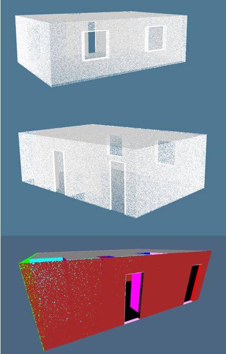 Nuvola di punti 3D di un ambiente completa di scansione interna e esterna; la terza immagine riporta la classificazione per piani