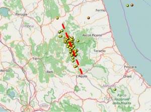 Gli epicentri delle scosse del terremoto nel centro italia