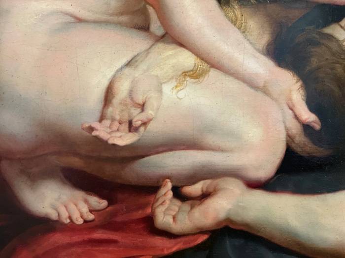 L’immagine è un mio dettaglio de “La morte di Adone” di Peter Paul Rubens del 1614, esposto nella splendida mostra “Il tocco di Pigmalione. Rubens e la scultura a Roma” a cura di Francesca Cappelletti e Lucia Simonato, all’interno di Galleria Borghese a Roma. Vedete? Le mani e i palmi roventi sono come parole (labbra) e hanno il sapore di carezze!