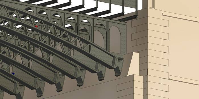 Modello 3D di un cavalcaferrovia metallico con travi e archi, integrato nella muratura laterale.