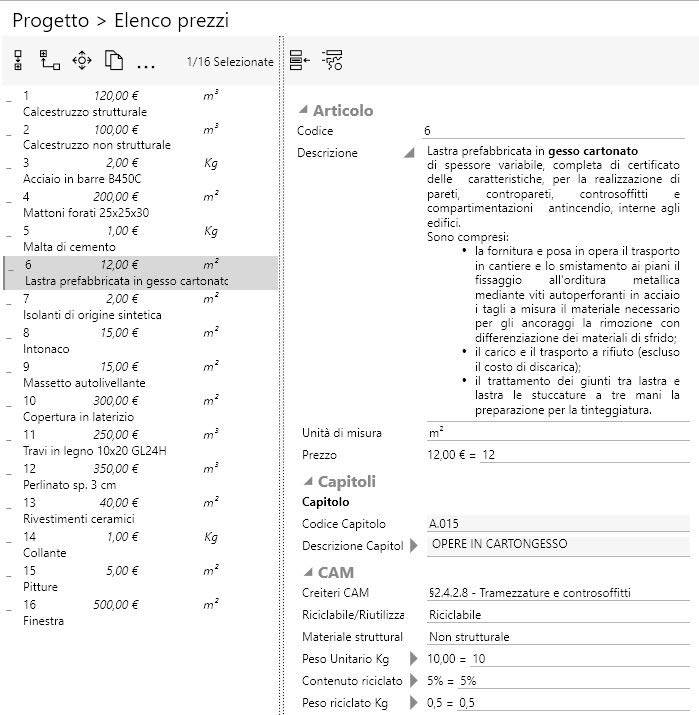 Attributi CAM in Elenco prezzi