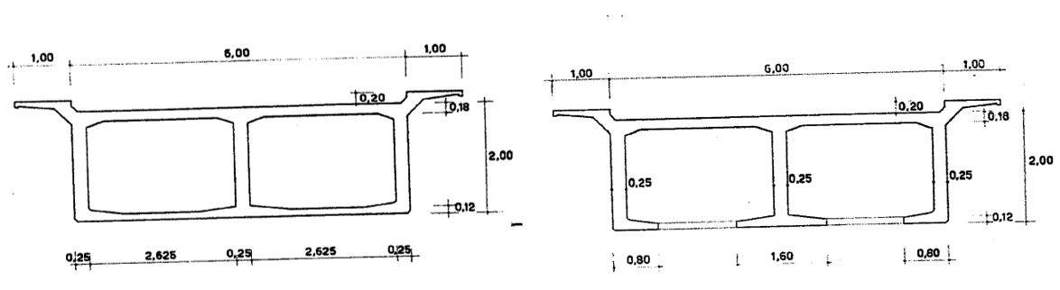 Fig. 5, 6 – Sezioni trasversali dell’impalcato sugli appoggi (sinistra) e in campate (destra).