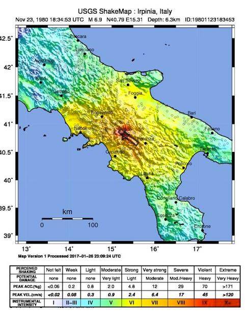 Shake map del terremoto del 23 novembre 1980