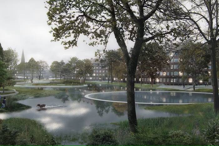 Il funzionamento di un’area del parco durante un acquazzone estivo e nelle giornate di tempo asciutto (render, SLA Architects)