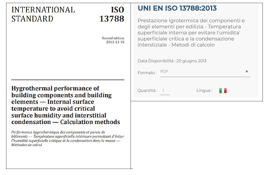 Figura 1 – Copertina della ISO 13788, recepita dall’Europa e dall’Italia. Sul sito di UNI si possono trovare i dettagli ed i costi della UNI EN ISO 13788 disponibile in lingua italiana come qui sopra riportato.