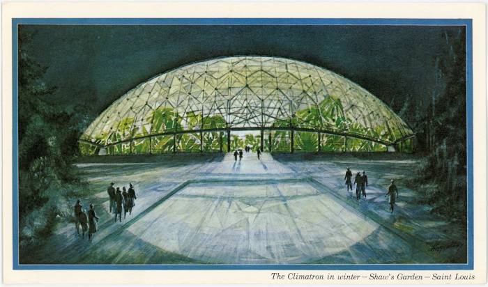 “The Climatron in winter–Shaw’s Garden–Saint Louis.” c. 1960. Postcard. 4 × 8″ (10.2 × 20.3 cm).