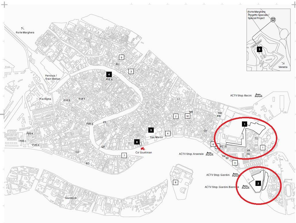 Le sedi della 19. Mostra Internazionale di Architettura 2025 a Venezia.