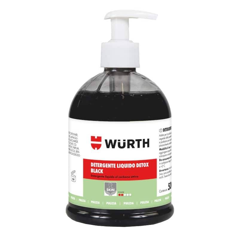 Detergente liquido Detox Black Würth al carbone attivo per la protezione della pelle sul lavoro.