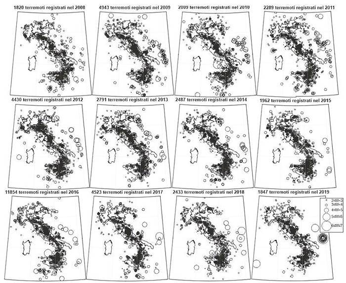 Distribuzione spaziale dei terremoti in Italia negli ultimi dodici anni.