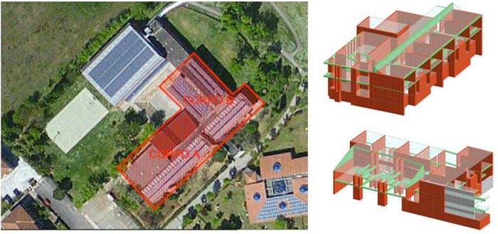 ista aerea del complesso scolastico e individuazione dei corpi di fabbrica (A e B).