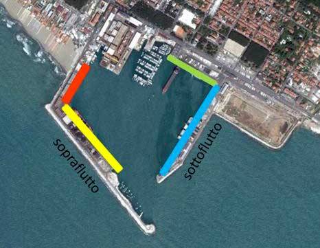 Banchine nel porto di Marina di Carrara: Chiesa (rosso), Taliercio (giallo), Fiorillo (azzurro), Buscaiol (verde). 