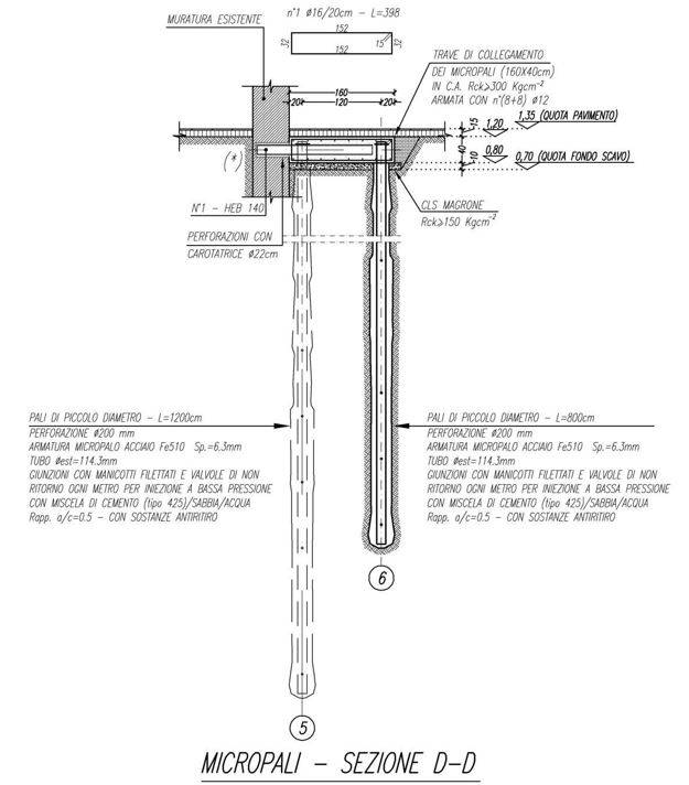 Fig. 6 - Intervento di consolidamento fondale dall’esterno dell’edificio, di cui alla pianta di figura 1, con pali di piccolo diametro (micropali). Sezione D-D. Zona “B”. Carpenteria e armature