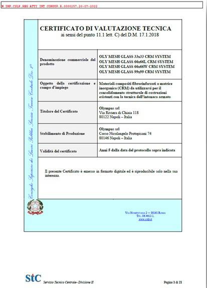Il certificato di Valutazione tecnica di OLYMPUS