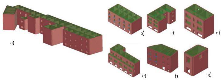 Modello 3Muri dell'aggregato edilizio e identificazione delle sei unità strutturali 