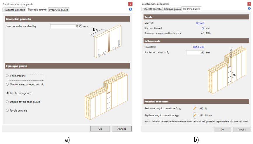 Definizione delle proprietà della parete nel software TimberTech Buildings: a) Tipologia giunto b) Proprietà del giunto