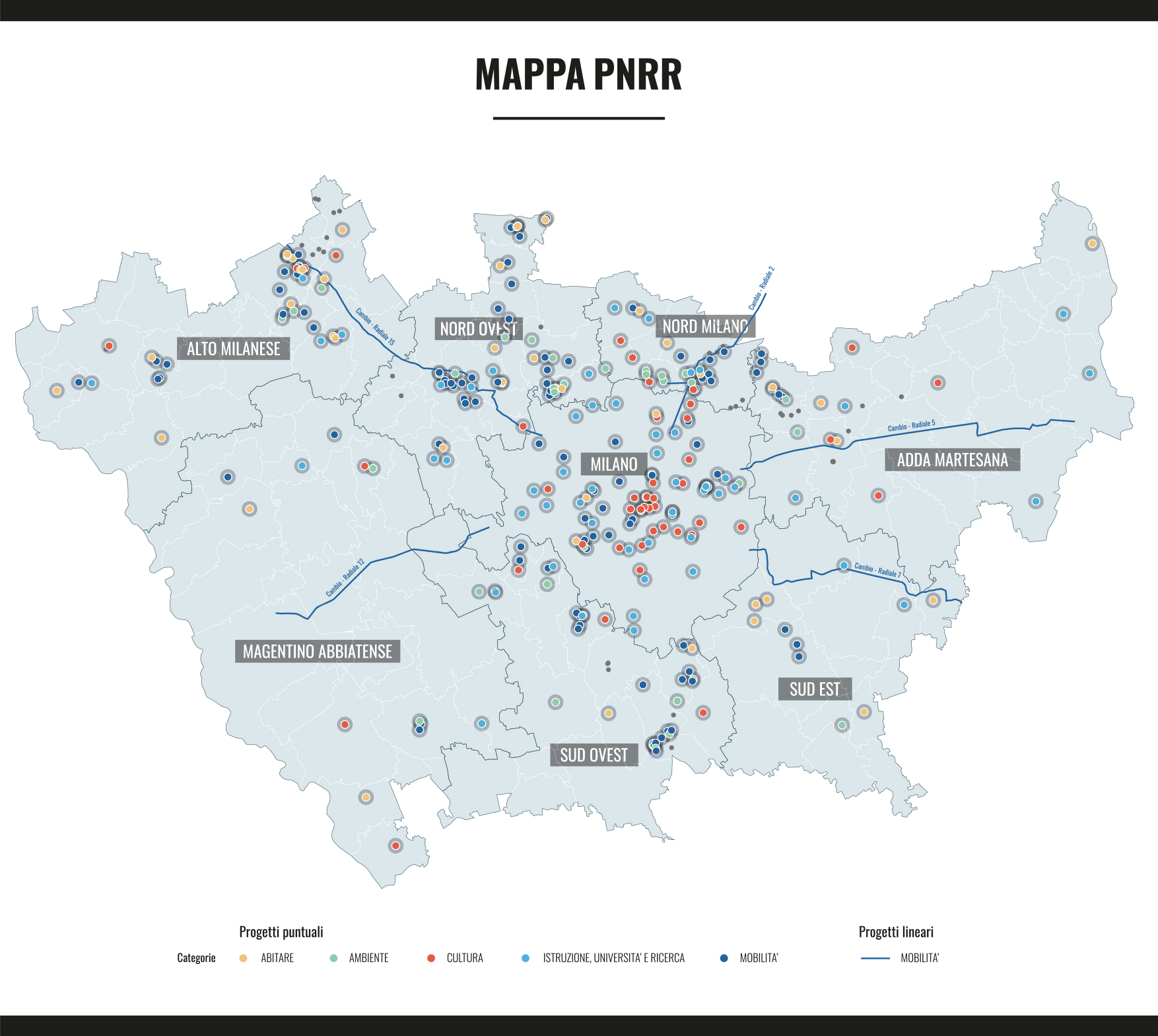 La mappa è stata realizzata da: Alessandro Alì, Silvia Carena, Beatrice Costa (Ordine e Fondazione dell’Ordine degli architetti, pianificatori, paesaggisti e conservatori della Provincia di Milano) e Angelo Armentano, Letizia Cavalli, Franco Sacchi (Centro Studi PIM).