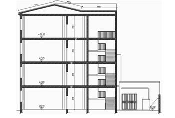 “Sezione verticale dell’edificio scolastico, che mostra i quattro piani fuori terra con altezza interpiano, vano scale e distribuzione degli spazi interni
