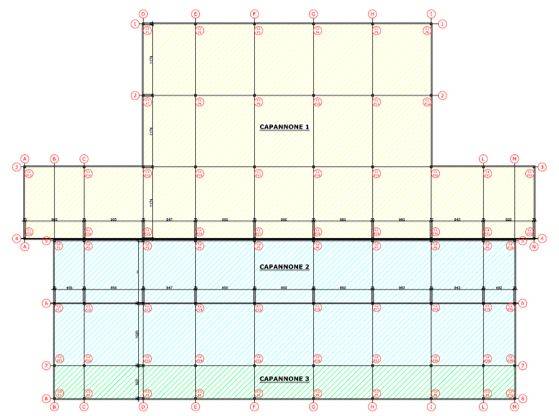Schema planimetrico della maglia strutturale dei capannoni 1 e 2-3