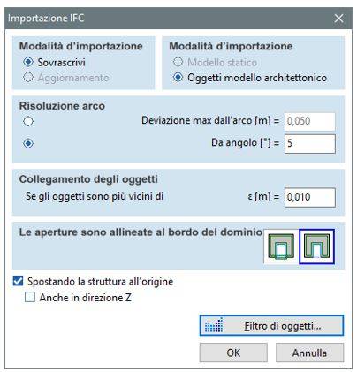 Fig. 1 AxisVM - Finestra di importazione degli oggetti da un modello architettonico salvato come un file IFC