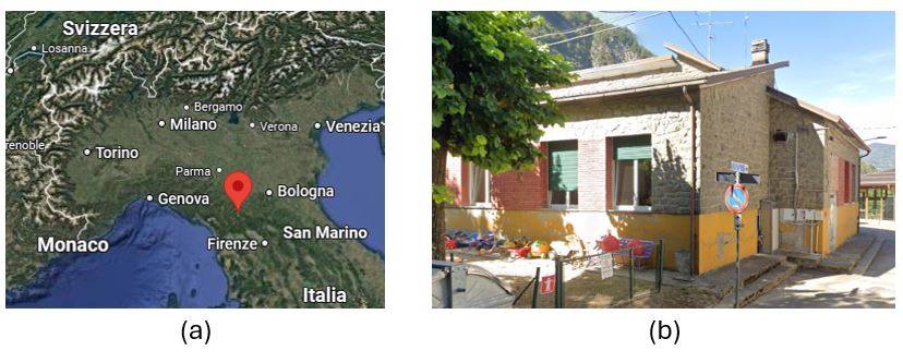 Vista della scuola dell’infanzia di Montecreto oggetto di miglioramento sismico con sistema Sismagrid bifacciale a secco applicato su pareti in muratura di pietra.