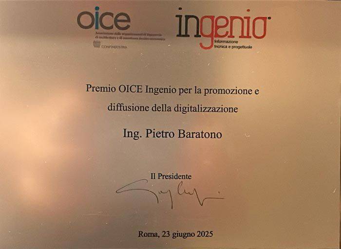 Premio OICE Ingenio per la promozione e diffusione della digitalizzazione a Ing. Pietro Baratono.