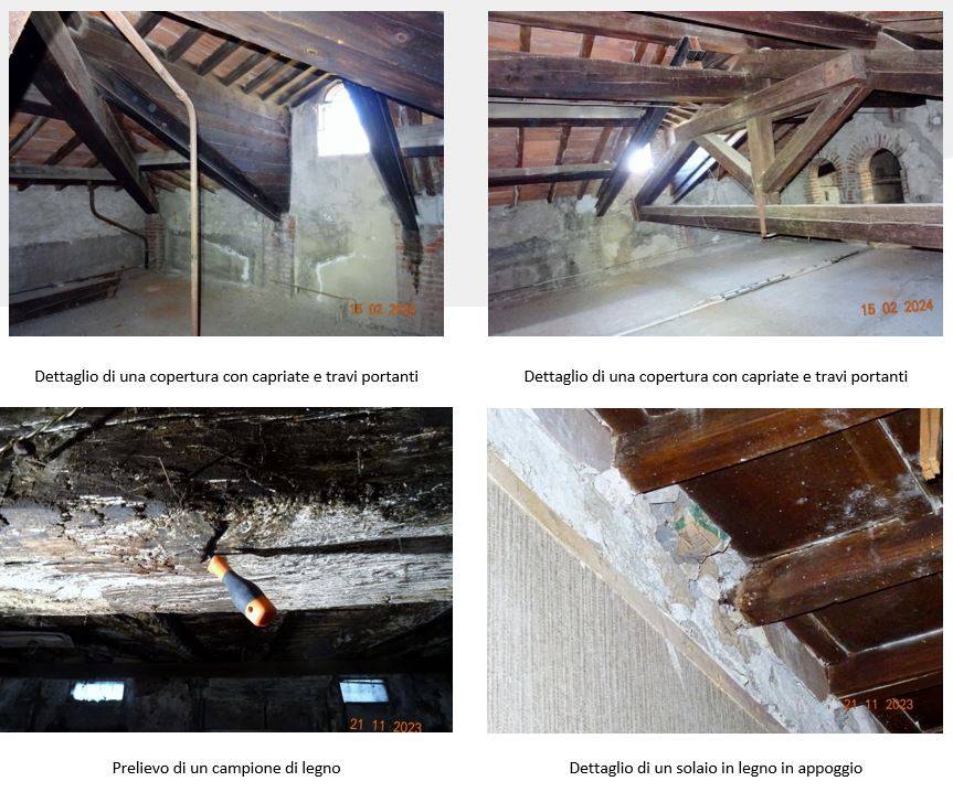 immagini di dettaglio di capriate e solai in legno degradate