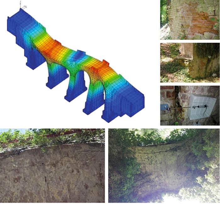 Immagini del degrado materico e delle fessurazioni del ponte e modellazione strutturale.