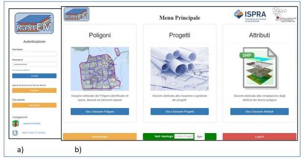 1 – (a) Home page (b) e menu principale dell’applicativo RaStEM, ISPRA.