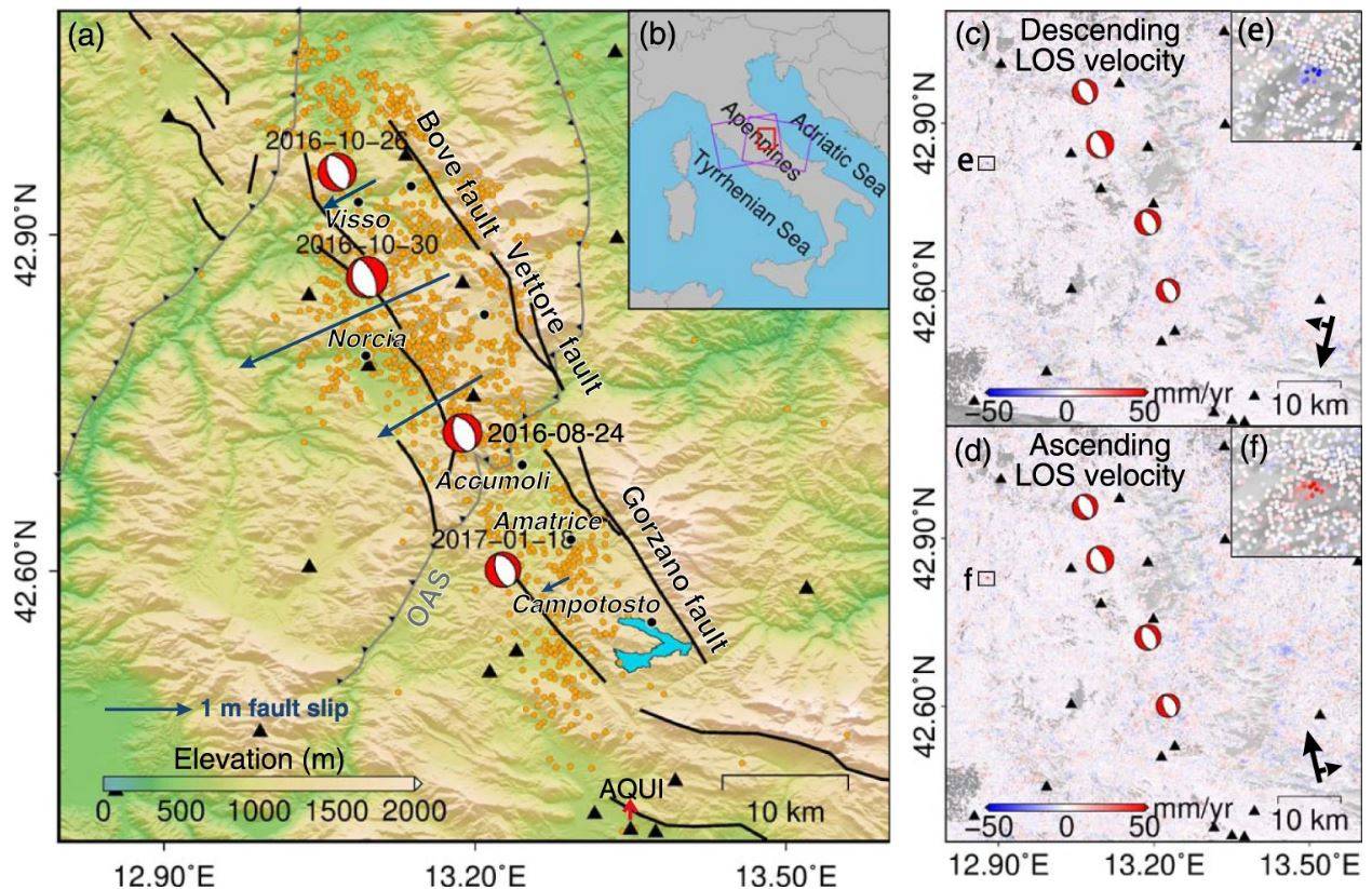 Fondo sismotettonico dell'area di studio e campi di velocità lungo la direzione radar Line of Sight (LOS) derivata da Interferometric Synthetic Aperture Radar (InSAR)