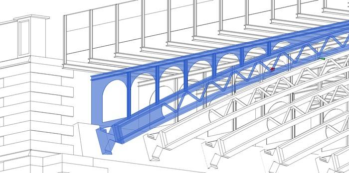 Visualizzazione tecnica in stile wireframe del cavalcaferrovia, con evidenziazione in blu della struttura portante ad archi.