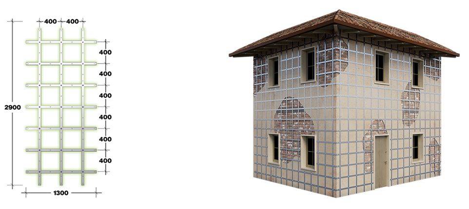 Modulo del sistema Sismagrid con maglia 400x400 mm e applicazione su edificio in muratura portante.