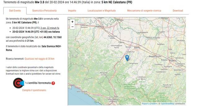 Terremoto Parma 20 febbraio alle 14:46