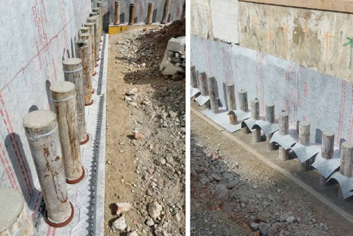 Dettaglio del cantiere con micropali sigillati e rivestiti da membrane impermeabilizzanti, parte del sistema di protezione interrata contro infiltrazioni d’acqua e gas radon.