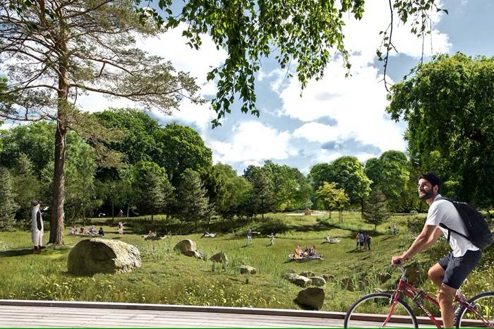 Una zona del parco dopo l’intervento di riqualificazione (render, SLA Architects)