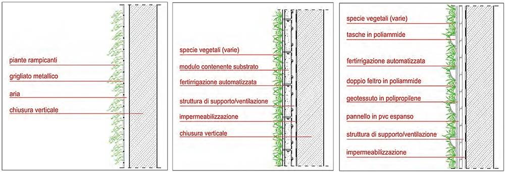 Stratigrafie di una facciata verde indiretta, parete vivente e muro vegetale continuo.