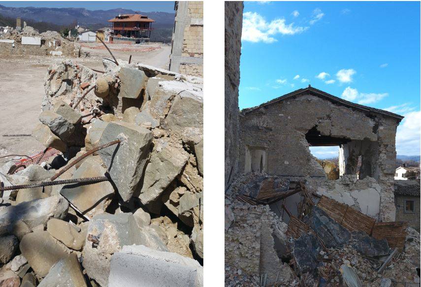 Porzione crollata della Chiesa di Sant’Agostino ad Amatrice: evidenza dell’efficacia parziale del cordolo in c.a. con barre verticali ancora in posizione.