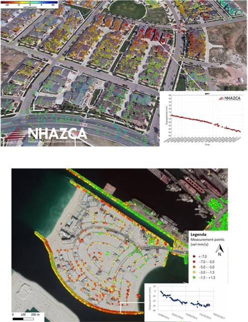 Figura 1 Esempi di risultati A-DInSAR ottenuti dall’analisi di dati interferometrici. Sono visibili i punti di misura con colori che identificano gli spostamenti (in millimetri/anno) in allontanamento dal satellite (dal giallo al rosso), in avvicinamento al sensore (dal celeste al blu) e stabili (verde). Nei riquadri vengono riportate serie temporali di spostamento di due punti di misura, in millimetri.