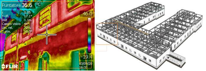 Indagine termografica su edificio a struttura mista con localizzazione travi e pilastri. Digitalizzazione BIM del comparto strutture.