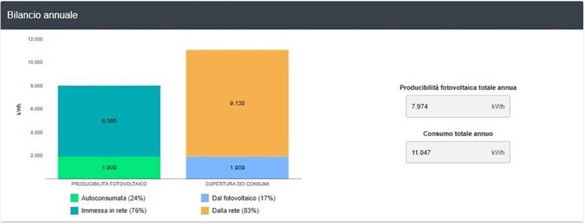 Bilancio annuale per un edificio con consumo elettrico prevalentemente notturno e assenza di accumulo.